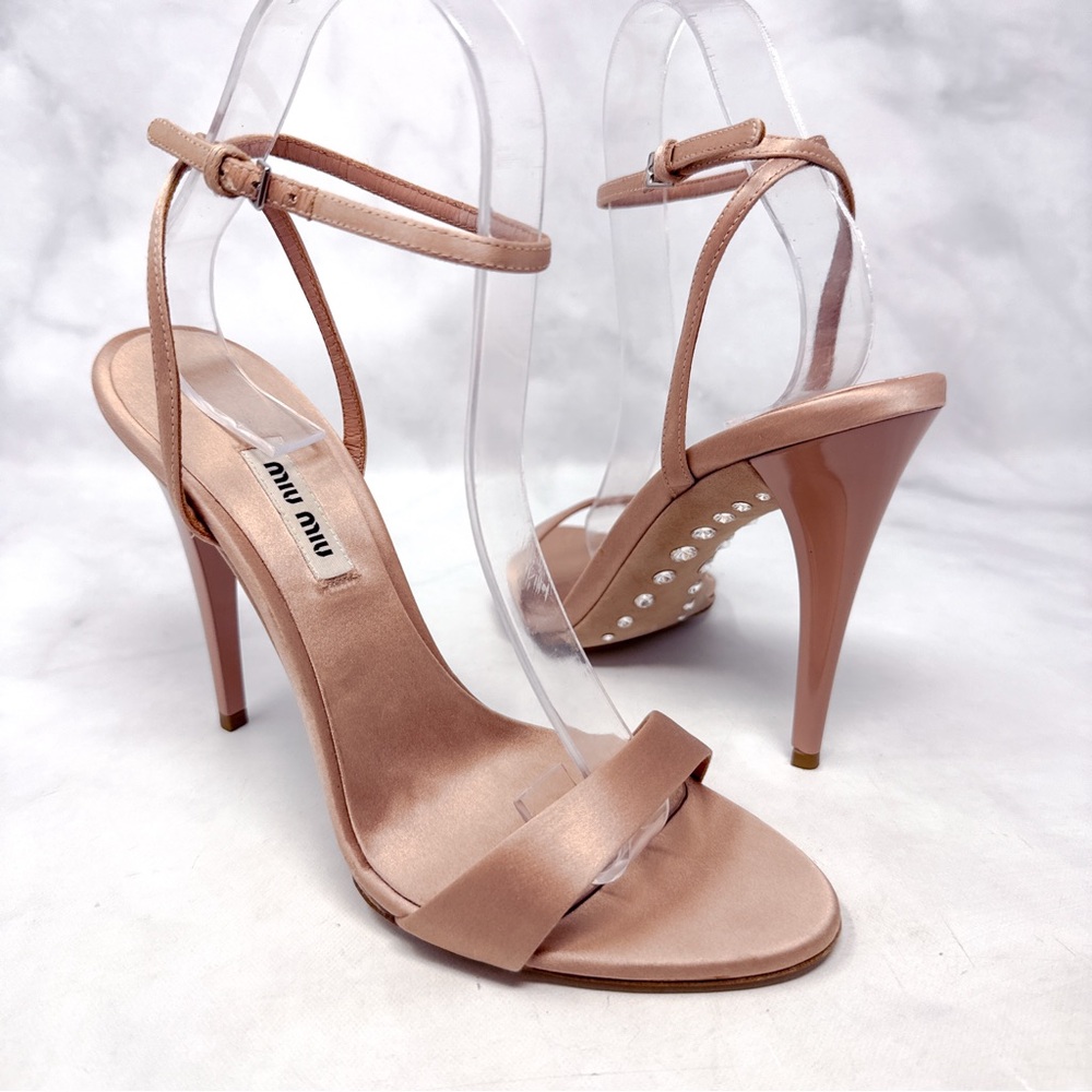 Miu Miu Swarovski Crystal Embellished Silk Satin Ankle Strap Sandal Heels Blush